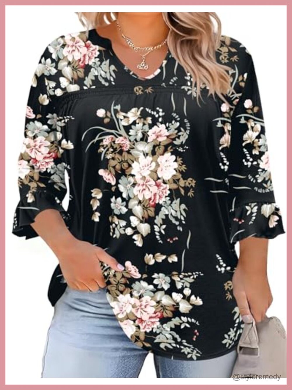 Plus Size V Neck 3/4 Sleeve Pleated Blouse Tunic Top Dressy Casual